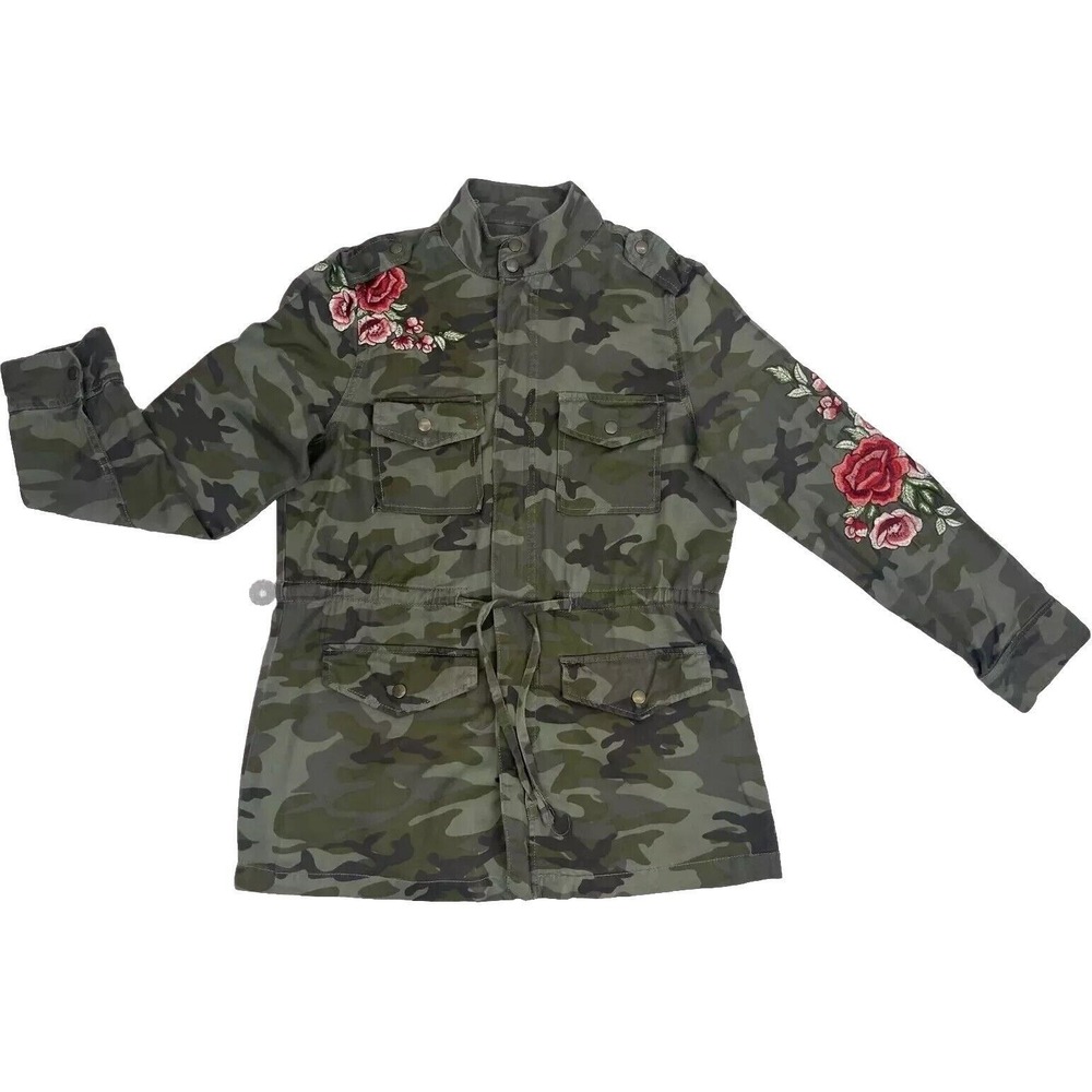 Knox Rose Utility Jacket Rose‎ Embroidered Camo Green Flap Pockets Women Size S